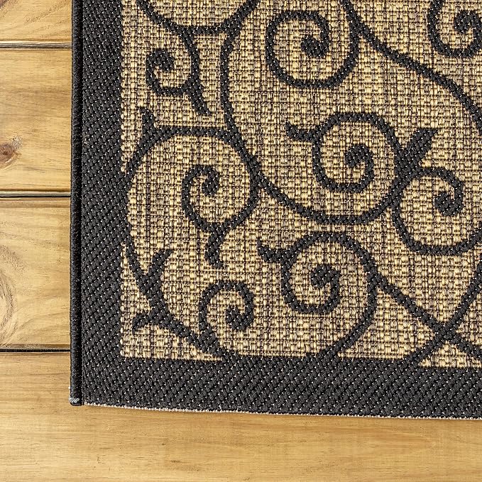JONATHAN Y Vintage Filigree Indoor Outdoor Round Area Rug 6 Ft Black/Khaki, Madrid Textured Weave for Backyard, Patio, Porch, Easy-Cleaning, High Traffic, Pet-Friendly, Non-Shedding (SMB107A-6R)