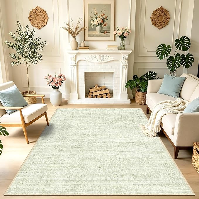 Washable Rugs 5x7, Vintage Boho Carpet for Nursery, Light Green | for Bedroom and Living Room, Low Pile Indoor Neutral Area Rug with Non-Slip Silicone Backing, Non-Shedding