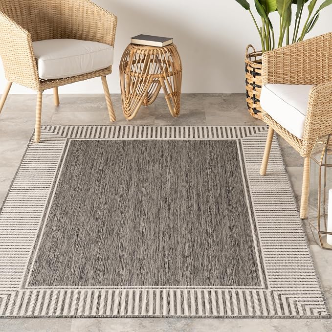 Nuloom Asha Grey/Ivory, 9'6" x 12', Casual, Striped Border, Soft and Cozy, High Traffic, Easy Clean, Durable Area Rug for Indoor/Outdoor Patio, Deck, Porch, Garden, Courtyard
