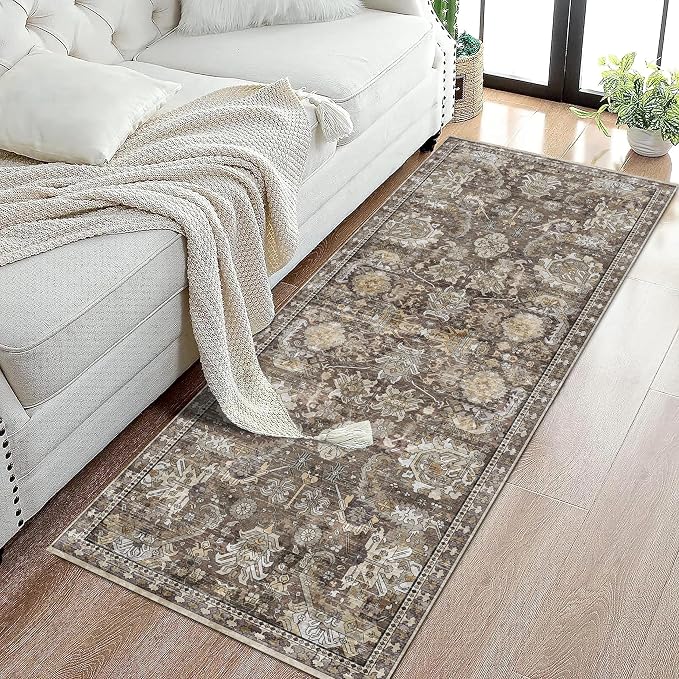 RUGSURE Washable Area Rugs - Perfect for Living Room, Bedroom, Kids Room, Nursery - Stain & Water Resistant Non-Slip, Pet & Child Friendly, Vintage Tribal Area Rugs (Ivory, 2'6'' x 8')