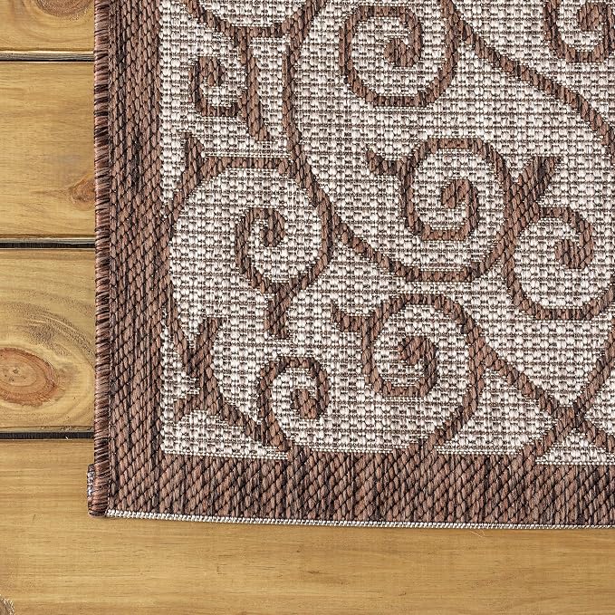 JONATHAN Y Vintage Filigree Indoor Outdoor Square Area Rug 9X9 Taupe/Espresso, Madrid Textured Weave for Backyard, Patio, Porch, Easy-Cleaning, High Traffic, Pet-Friendly, Non-Shedding (SMB107C-9SQ)