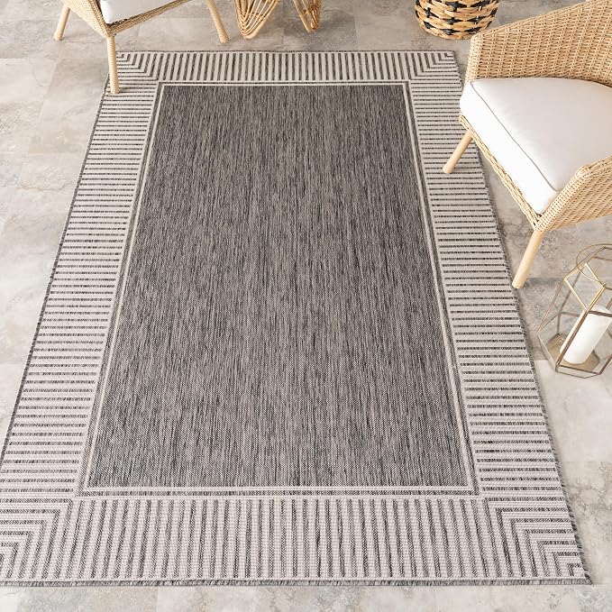Nuloom Asha Grey/Ivory, 9'6" x 12', Casual, Striped Border, Soft and Cozy, High Traffic, Easy Clean, Durable Area Rug for Indoor/Outdoor Patio, Deck, Porch, Garden, Courtyard