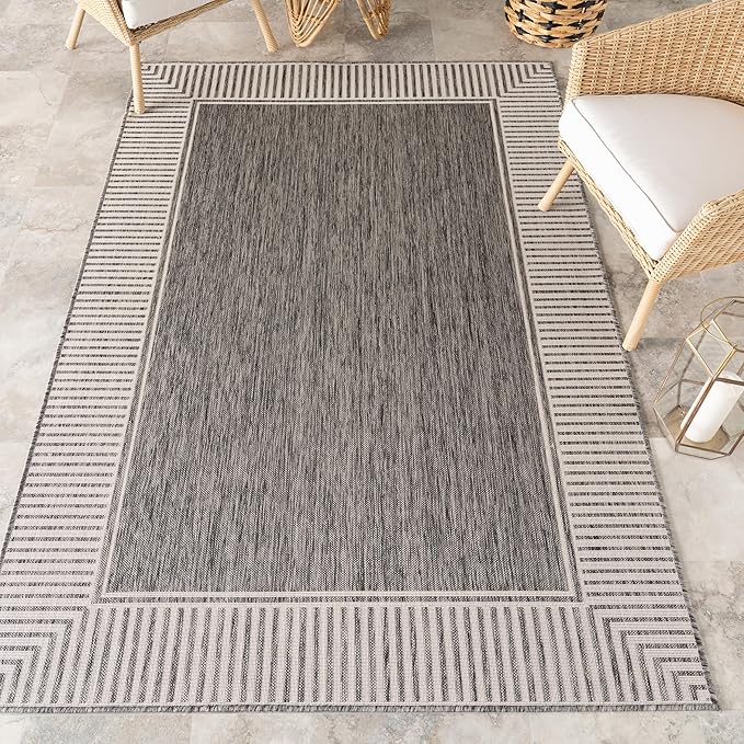 Nuloom Asha Grey/Ivory, 4' x 6', Casual, Striped Border, Soft and Cozy, High Traffic, Easy Clean, Durable Area Rug for Indoor/Outdoor Patio, Deck, Porch, Garden, Courtyard