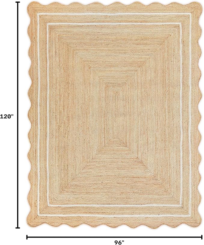 Wave Scalloped Natural Jute Rug - Boho Entryway Runner, Farmhouse Scallop, Off White (8'x10')