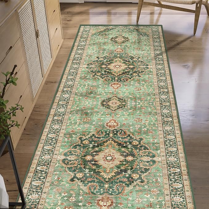 Green Runner Rugs 2x10 Boho Small Washable Area Rugs for Entryway Bathroom Kitchen, Long Rugs for Hallway Soft Low Pile Non-Slip Rubber Backing Oriental