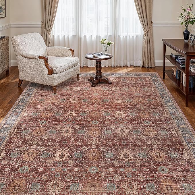 BESBLEE 6X9 Area Rugs Machine Washable Rugs for Living Room, Vintage Boho Large Rugs for Bedroom Dining Room, Non Slip Indoor Soft Distressed Lightweight Thin Low Pile Carpet, Red Brown