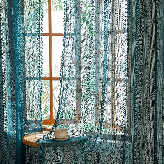 Sutuo Home Teal Boho Curtains 84 inches Long for Bedroom Living Room, Turquoise Lace Sheer Curtains Bohemian Privacy Farmhouse Vintage Crochet Tassels Window Treatments Rod Pocket, 2 Panels 50" W