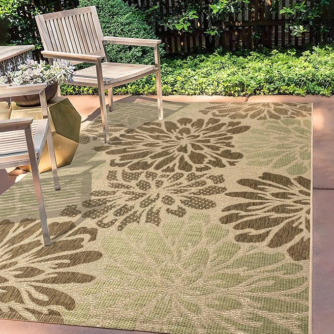 JONATHAN Y Floral Textured Weave Indoor Outdoor Area Rug 4X6 Sage/Brown, Zinnia Modern for Backyard, Patio, Porch, Easy-Cleaning, High Traffic, Pet-Friendly, Non-Shedding (SMB110A-4)