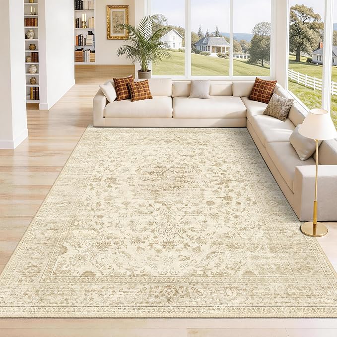 Beige 9x12 Area Rug, Neutral Vintage Boho Carpet for Bedroom | for Living Room and Dining Room, Low Pile Nursery Indoor Area Rug with Non-Slip Silicone Backing, Non-Shedding