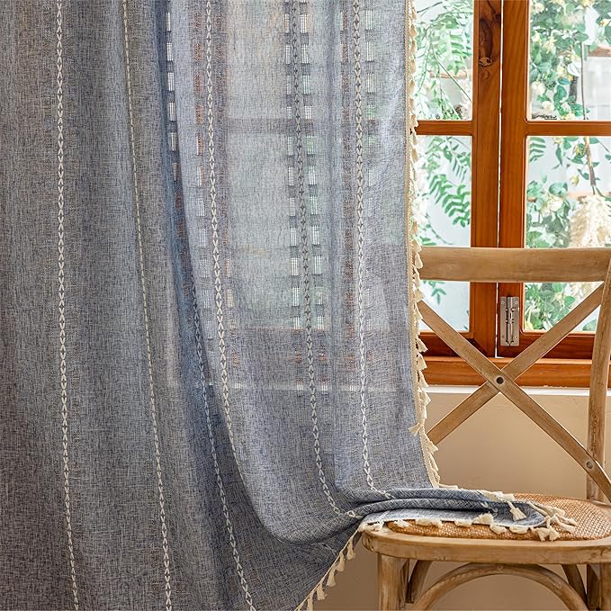 Blue Boho Sheer Curtains 72 inches Long 2 Panels for Bedroom, Light filtering Semi Sheer Bohemian French Country Privacy Tassels Vintage Chic Embroidery Stripes Window Curtains Back Tab, 50" W
