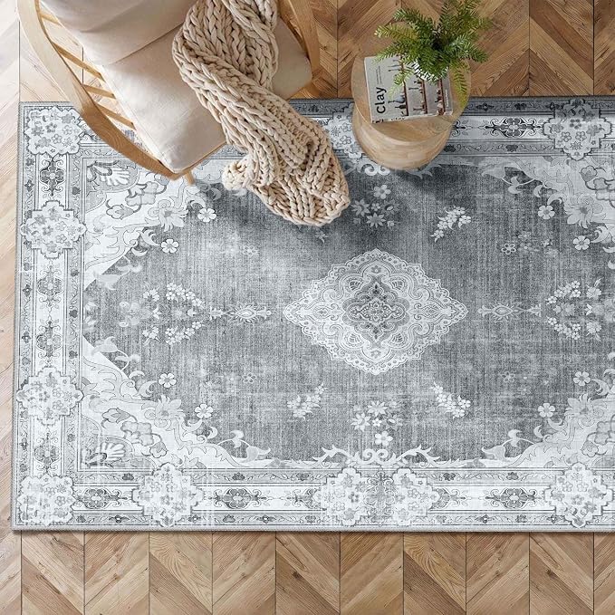 MUJOO Grey Rug 3x5 Washable,Boho Area Rugs Small Non Slip Low-Pile Floral | Machine Washable Throw Carpet for Entryway Bedroom Bedside Kitchen Hallway Living Room Soft Indoor Vintage Bohemian Flowers