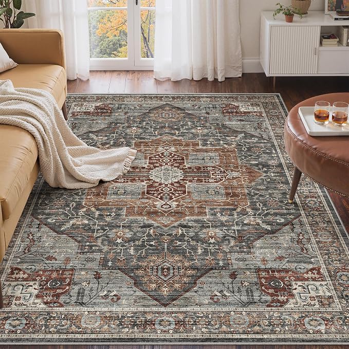 Roxstand Washable 3x5 Area Rug, Non Slip Rug for Entryway Grey/Brown/Tan | Low Pile Vintage Rug, Stain Resistant, Non-Shedding Design, Pet & Kid Friendly, Carpet for Living Room, Bedroom, Dining Room