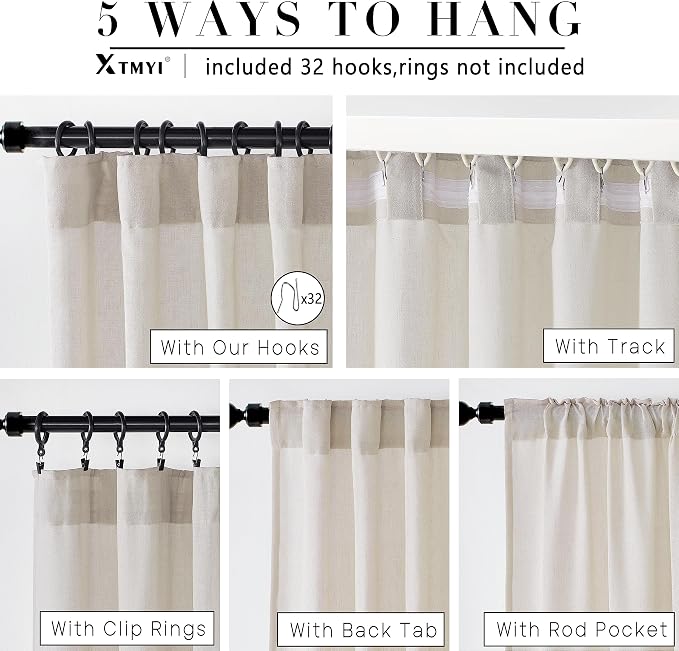 XTMYI Oatmeal Beige Back Tab/Hook Belt Linen Cotton Sheer Curtains 63 Inch Length for Bedroom Living Room