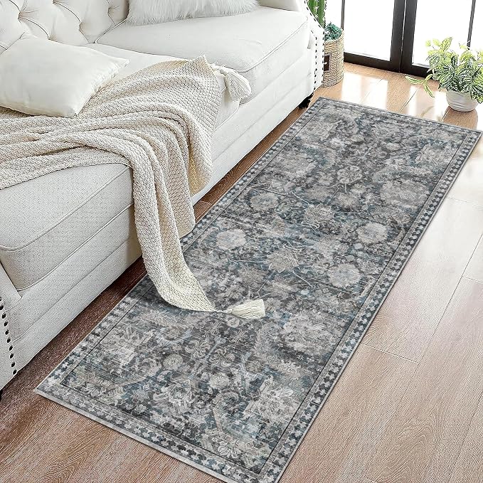 RUGSURE Washable Area Rugs - Perfect for Living Room, Bedroom, Kids Room, Nursery - Stain & Water Resistant Non-Slip, Pet & Child Friendly, Vintage Tribal Area Rugs (Grey and Bule, 2'6'' x 8')