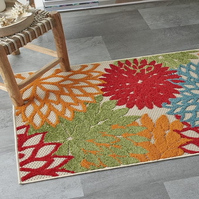 Nourison Home Aloha Indoor/Outdoor Green 2'8" x 4' Area Rug, Tropical, Botanical, Easy Clean, Non Shedding, Bed Room, Living Room, Dining Room, Deck, Backyard, Patio (3x4)
