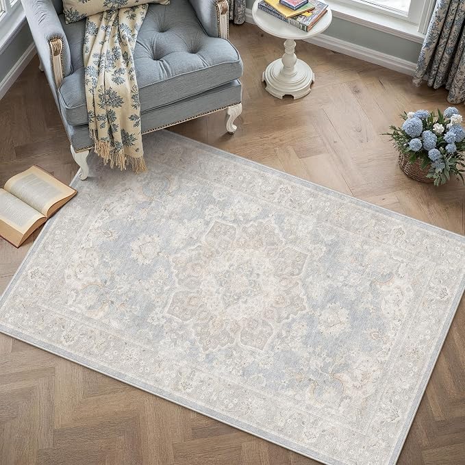 PureCozy 3x5 Washable Small Area Rug Blue Vintage Oriental Medallion | Non Slip, Soft Low Pile, Carpet for Dorm Room, Bedroom, Closet, Retro Decor