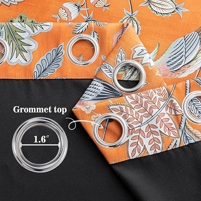MYSKY HOME Orange Floral Blackout Curtains & Drapes 95 inch Curtains 2 Panels Set for Living Room Bedroom Boho Farmhouse Elegant Curtains Heat Block Sound Reduce Drapes with Patterned Bird Design