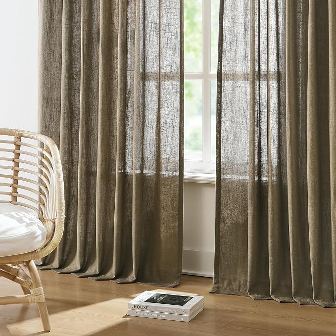 Vision Home Brown Pinch Pleated Semi Sheer Curtains Textured Linen Blended Light Filtering Window Curtains 84 inch for Living Room Bedroom Pinch Pleat Drapes with Hooks 2 Panels 40" Wx84 L