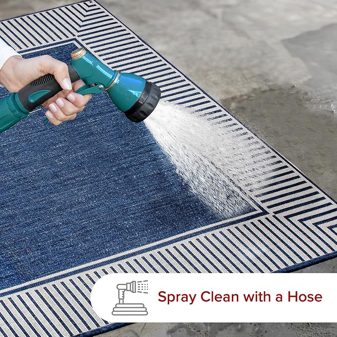 Nuloom Asha Navy/Ivory, 2' x 3', Casual, Striped Border, Soft and Cozy, High Traffic, Easy Clean, Durable Area Rug for Indoor/Outdoor Patio, Deck, Porch, Garden, Courtyard