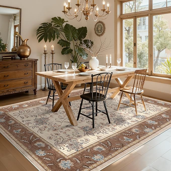 GarveeHome Large Area Rugs 9x12 for Living Room, Brown Washable Rug Soft Non Slip Backing Country Mat Carpet Indoor Botanical Floral Rug for Bedroom Dining Room Playroom Nursery Room