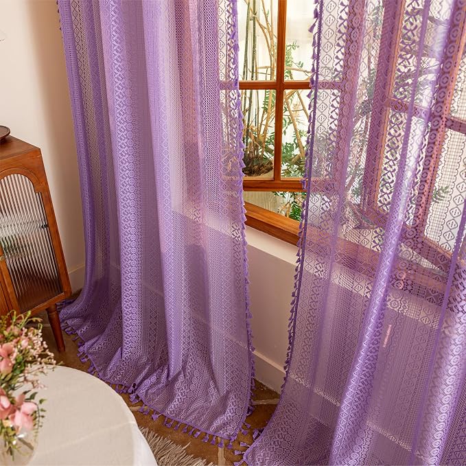 Sutuo Home Lavendar Boho Lace Curtains 96 inches 2 Panels Long for Living Room Dining Room, Semi Sheer Curtains Farmhouse Privacy Crochet Vintage Tassels Rustic Bohemian Style Rod Pocket Decor, 50" W