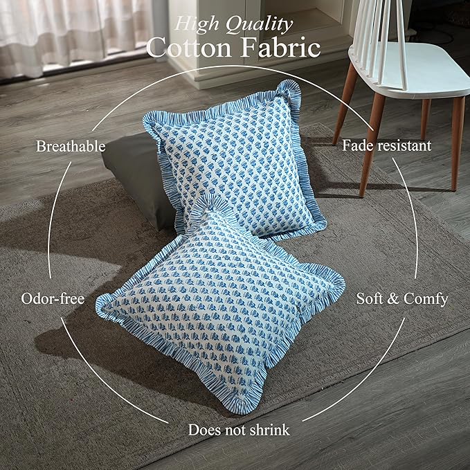 CPC Block Print Ruffle Throw Cover Apatite Blue 16"x16" Inch Pack of 2-100% Cotton Ruffle Couch Decorative Boho Pillows Case for Living Room, Bedroom, Sofa, Farmhouse Gift for Spring, Mother's Day