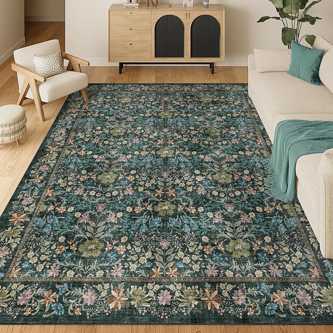 DUKINO 8x10 Area Rugs, Vintage Floral Washable Rug for Living Room, Blue | Non Slip, Low Pile, Non-Shedding, Stain Resistant, Aesthetic Soft Indoor Large Carpet for Bedroom, Dining Room, Farmhouse