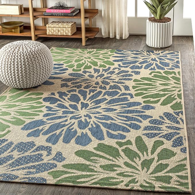 JONATHAN Y Floral Textured Weave Indoor Outdoor Area Rug 6X9 Navy/Green, Zinnia Modern for Backyard, Patio, Porch, Easy-Cleaning, High Traffic, Pet-Friendly, Non-Shedding (SMB110B-6)