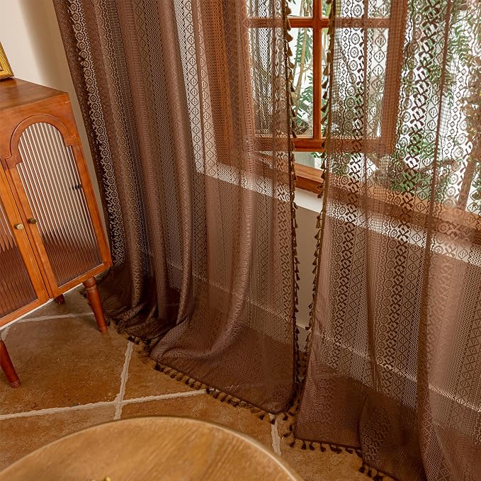 Sutuo Home Dark Coffee Boho Lace Curtains, Sheer Curtains 102 inches Long for Living Room Bedroom Light Filtering Caramel Privacy Vintage Tassels Bohemian Window Treatments Rod Pocket, 2 Panels 50" W