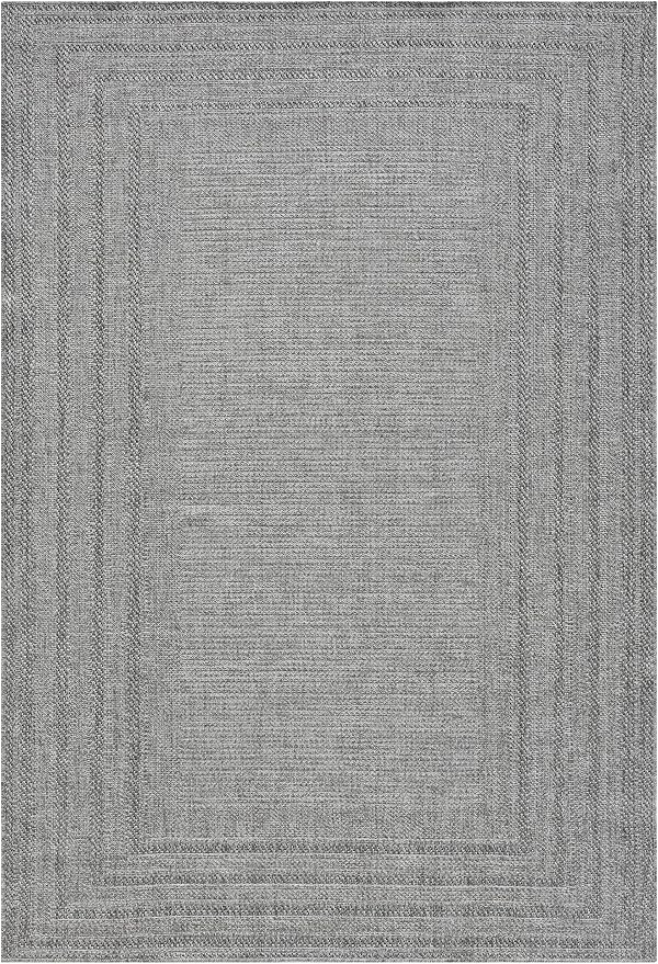Berry Easy Jute Indoor Outdoor Rug, 5x7 Neutral Bordered Jute Look, Weather Resistant, Easy Care, Lightweight Outdoor Farmhouse Carpet for Patio, Porch, Living Room (5' x 7', Gray)
