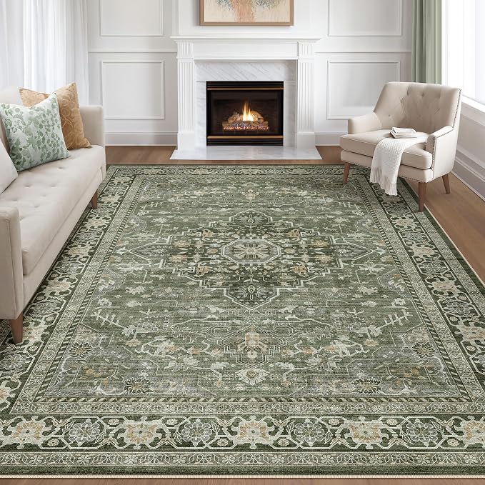 6x8 Area Rug Living Room: Washable Boho Large Neutral Vintage Soft Rugs Stain Resistant Farmhouse Non Slip Indoor Floor Carpet for Bedroom Nursery Kids Playroom Office Dining Room Home- Dark Green