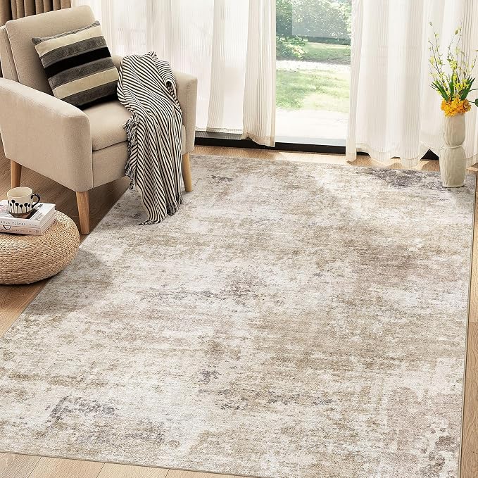 Abstract 6x9 Area Rug: Machine Washable Non Slip Ultra Thin Low-Pile Carpet, Soft Stain Resistant for Living Room Bedroom Nursery, Kid Pet Friendly, Robot Vacuum Compatible - Brown