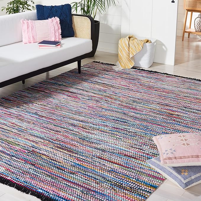 SAFAVIEH Montauk Collection Area Rug - 9' x 12', Black & Pink, Handmade Flat Weave Cotton, Ideal for High Traffic Areas in Living Room, Bedroom (MTK251Z)