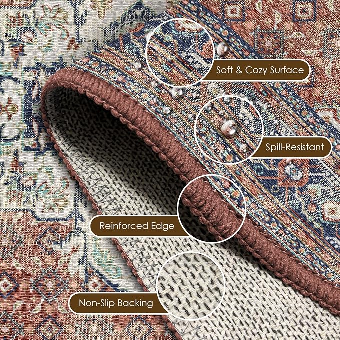 Washable Area Rug 2'6'' x 8' Vintage Traditional Persian Mat - Foldable Distressed Non-Slip Machine Washable Carpet for Living Room Bedroom Kitchen Home Decor - Terracotta and Navy