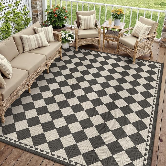HUGEAR 8x10 Outdoor Rug Black/Beige Linen-Look Fabric Checkered Area Rug High Traffic Stain Resistant Easy Clean Durable Rugs for Indoor/Outdoor Patio Deck Balcony Porch Garden Courtyard