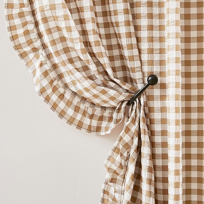 ZJDECOR Brown White Buffalo Plaid Curtains 84 Inches Long for Bedroom | Cottage Ruffle Not-See-Through Sheer Crinkle Drapes,Farmhouse Window Treatment,Nursery Living Room,Rod Pocket,40"Wx84"Lx2