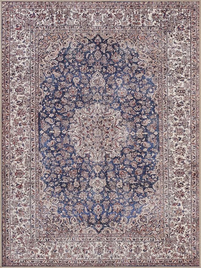 Bloom Rugs Washable Non-Slip 5' x 7' Rug - Dark Blue/Beige Traditional Medallion Area Rug for Living Room, Bedroom, Dining Room, and Kitchen - Exact Size: 5' x 7'