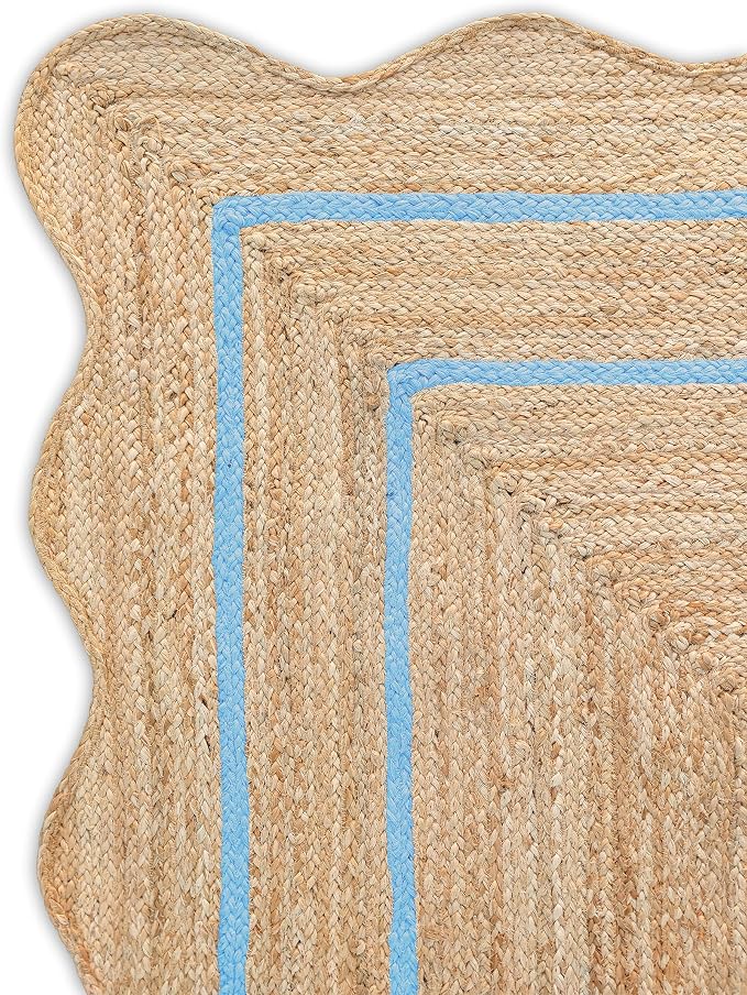 Wave Scalloped Natural Jute Runner, Sky Blue (3'x5')