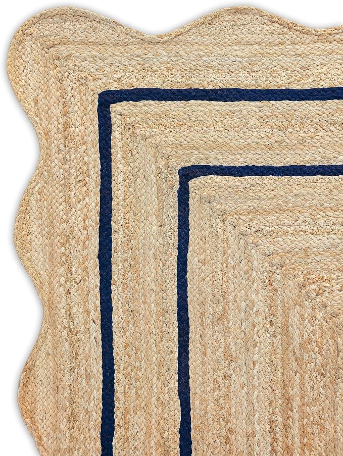 Wave Scalloped Natural Jute Boho Entryway Runner Farmhouse Scallop Rug, Navy (2'x6')