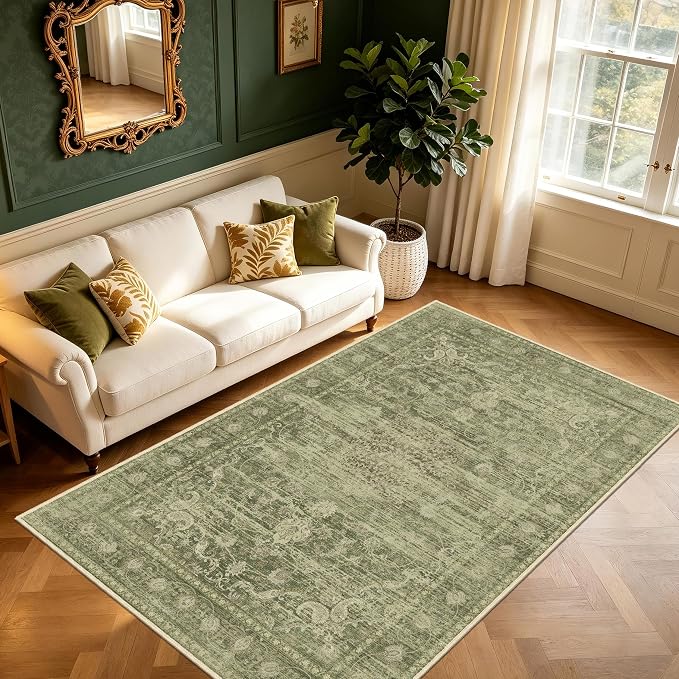 4x6 Area Rug, Vintage Carpet for Living Room, Sage Green, Thin | for Bedroom, Washable Low Pile Medallion Indoor Rug with Non-Slip Silicone Backing, Non-Shedding Stain Resistant