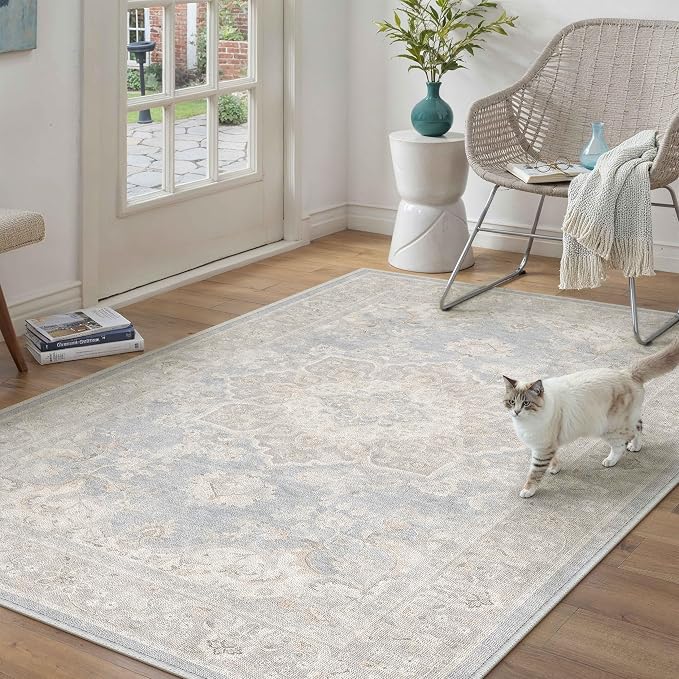 PureCozy 3x5 Washable Small Area Rug Blue Vintage Oriental Medallion | Non Slip, Soft Low Pile, Carpet for Dorm Room, Bedroom, Closet, Retro Decor