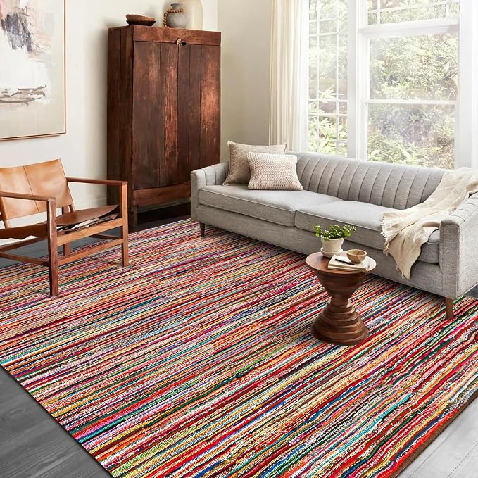 Chindi Rug 9x12, Boho Living Room Woven Braided Multicolor Area Rugs 9x12, Bohemian Colorful Recycled Cotton Rag Rugs for Farmhouse, Bedroom, Dining Room, Classroom, Hallway
