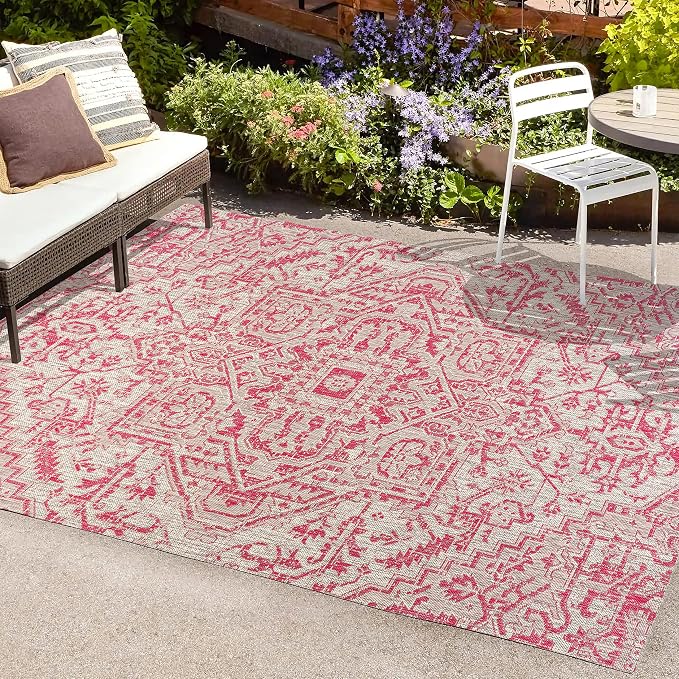 JONATHAN Y Boho Medallion Indoor Outdoor Area Rug 9X12 Light Gray/Fuchsia, Estrella Textured Weave for Backyard, Patio, Porch, Easy-Cleaning, High Traffic, Pet-Friendly, Non-Shedding (SMB105F-9)