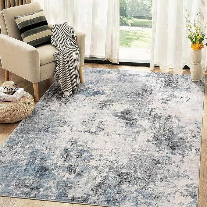 Abstract 6x9 Area Rug: Machine Washable Non Slip Ultra Thin Low-Pile Carpet, Soft Stain Resistant for Living Room Bedroom Nursery, Kid Pet Friendly, Robot Vacuum Compatible - Grey Blue