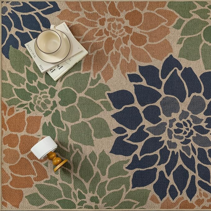 PureCozy 9x12 Easy Jute Outdoor Rug Navy/Organge Floral Textured Indoor Outdoor Area Rug Farmhouse Patio Carpet for Backyard, Patio, Porch, Easy-Cleaning, High Traffic, Pet-Friendly, Non-Shedding