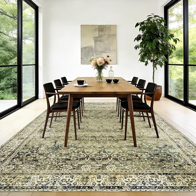 Olive and Tan Area Rugs Washable Rug for Living Room Bedroom Boho Farmhouse Floral Vintage Soft No Slip Extra Large Carpet for Dining Room 9x12