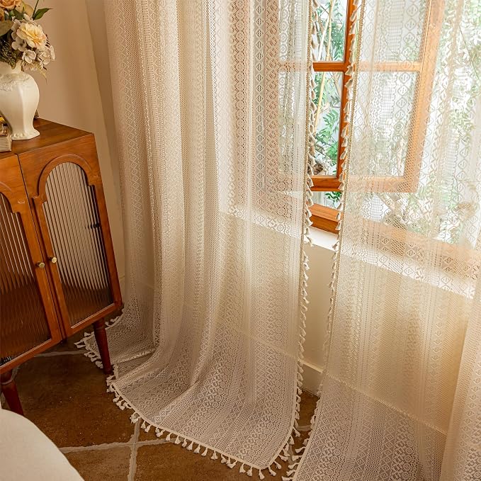 Sutuo Home Beige Lace Boho Curtains for Living Room Dining Room, Semi Sheer Curtains Farmhouse Privacy Crochet Vintage Tassels Retro Bohemian Style Rod Pocket Decor Window Drape, 2 Panels 50" x 102"