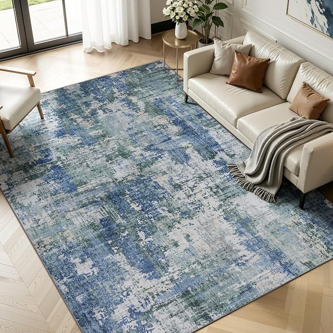 Sasttie 10x14 Soft Area Rug for Living Room, Modern Abstract Washable Large Carpet for Bedroom, with Non-Slip Backing, Blue and Green