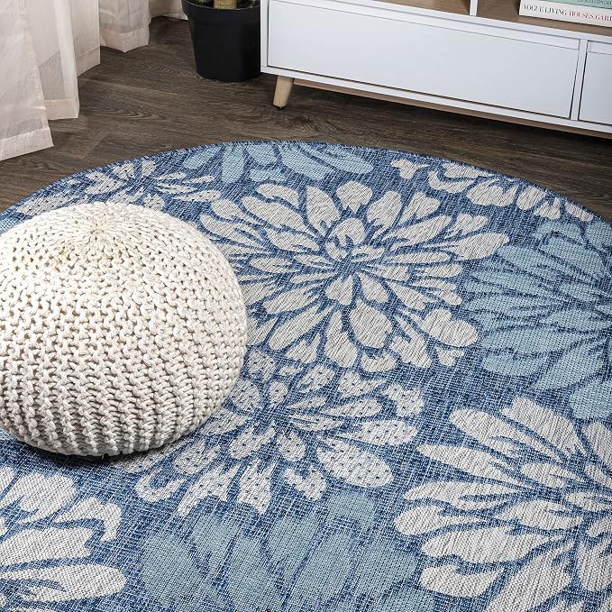 JONATHAN Y Floral Textured Weave Indoor Outdoor Round Area Rug 8 Ft Navy/Aqua, Zinnia Modern for Backyard, Patio, Porch, Easy-Cleaning, High Traffic, Pet-Friendly, Non-Shedding (SMB110C-8R)
