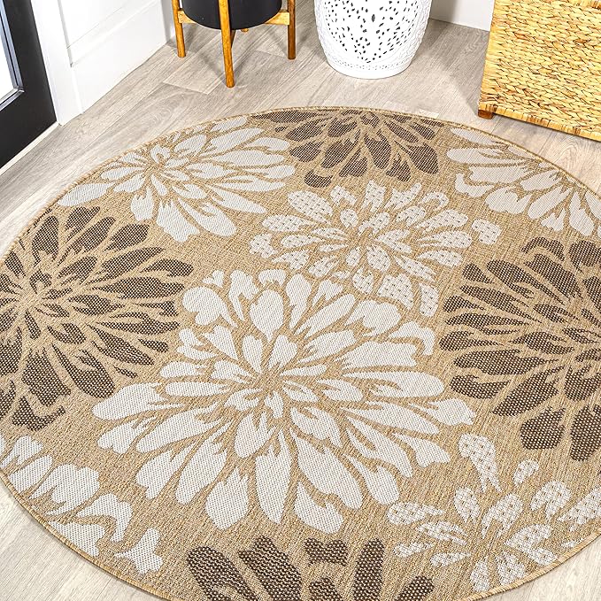 JONATHAN Y Floral Textured Weave Indoor Outdoor Round Area Rug 5 Ft Brown/Cream, Zinnia Modern for Backyard, Patio, Porch, Easy-Cleaning, High Traffic, Pet-Friendly, Non-Shedding (SMB110I-5R)